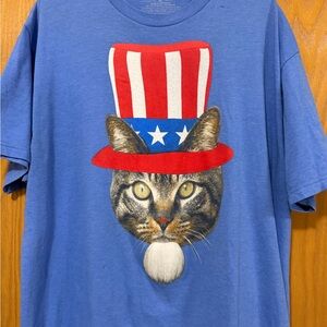 Fifth Sun Blue Tee with Red and White Patriotic Cat Graphic